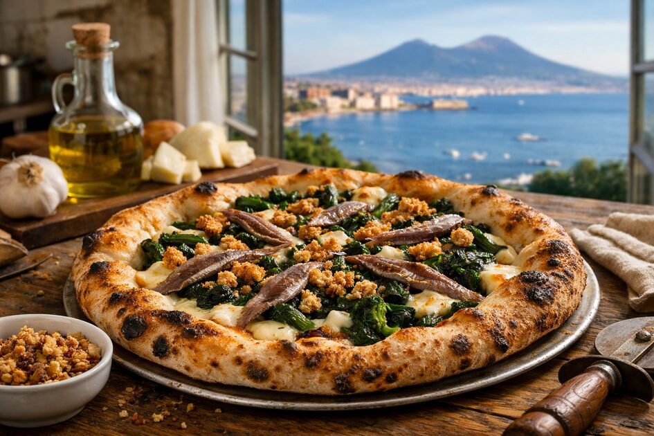 Pizza Bacio sul Golfo con friarielli, alici di Cetara e pane aromatico
