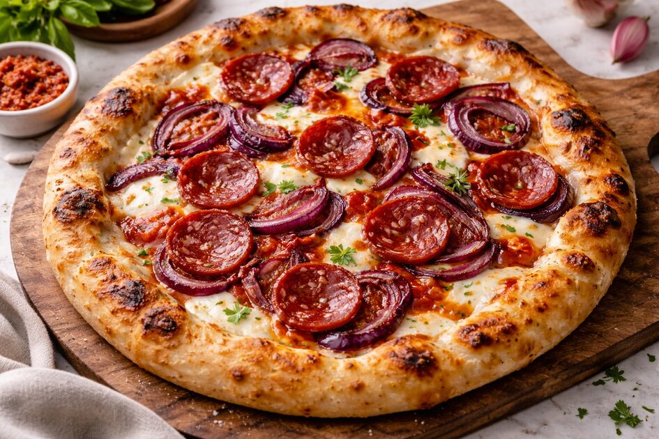 Pizza bianca con salame piccante e cipolla rossa agrodolce