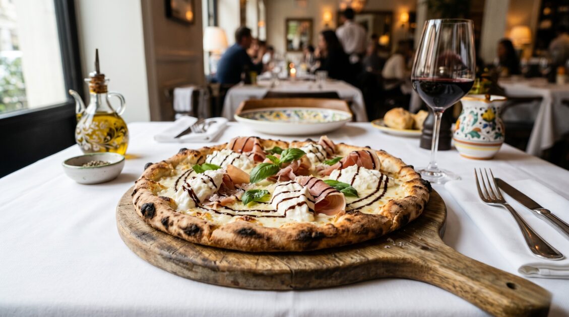 Pizza bianca con burrata, prosciutto crudo e riduzione di balsamico