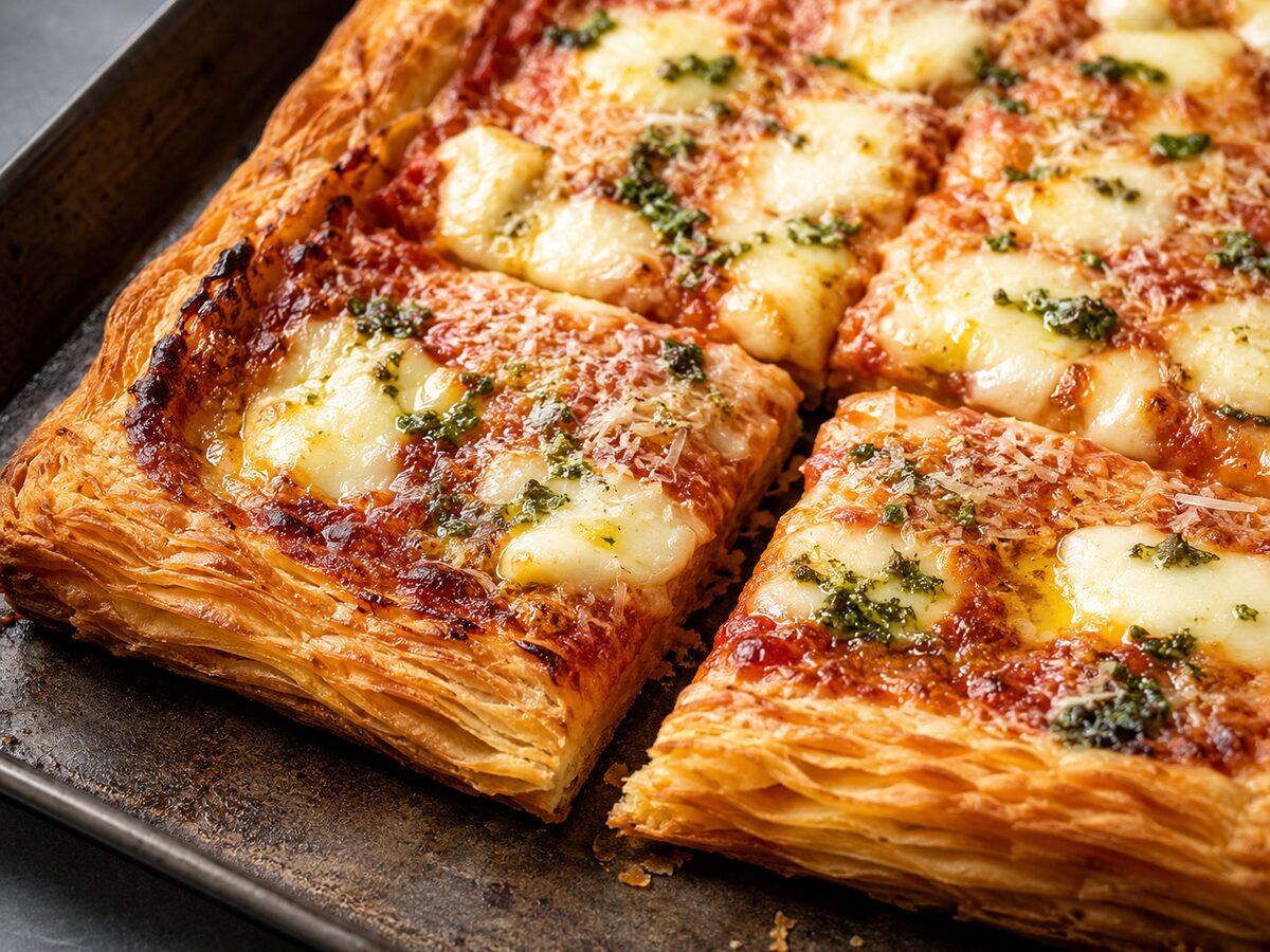 Flaky Puff Crust Pizza sur plaque: croûte feuilletée avec strates visibles, sauce tomate, mozzarella fondue et huile au basilic