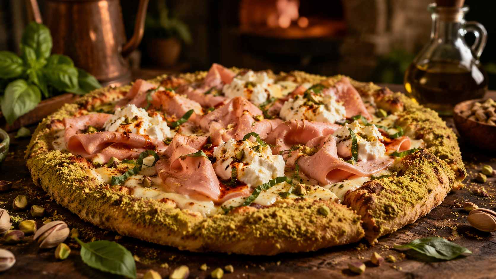 Pizza Velluto Verde con mortadella, burrata e pistacchio